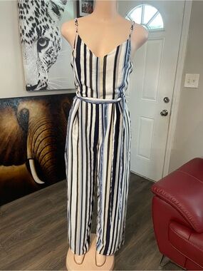 Navy & White Stripe Sleeveless Jumpsuit with Tie Waist
